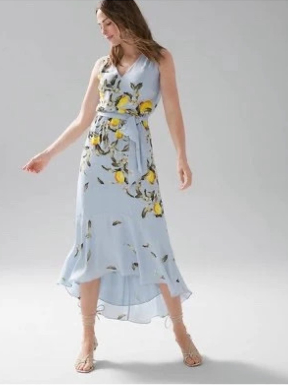White House Black Market Light Blue Lemon-Print Tea Wrap Midi Dress large